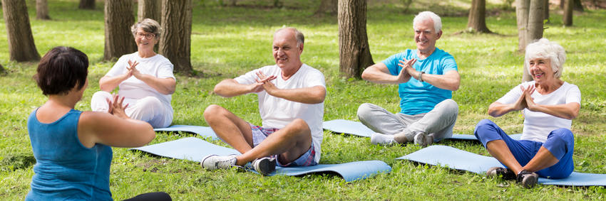 Elder people on yoga class in the park